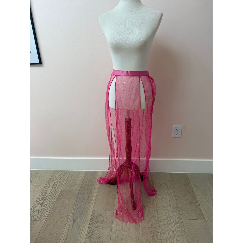 NWT Dolls Kill Club Exx Sweeter Beatz Pink Sheer Rhinestone Maxi Skirt Size L